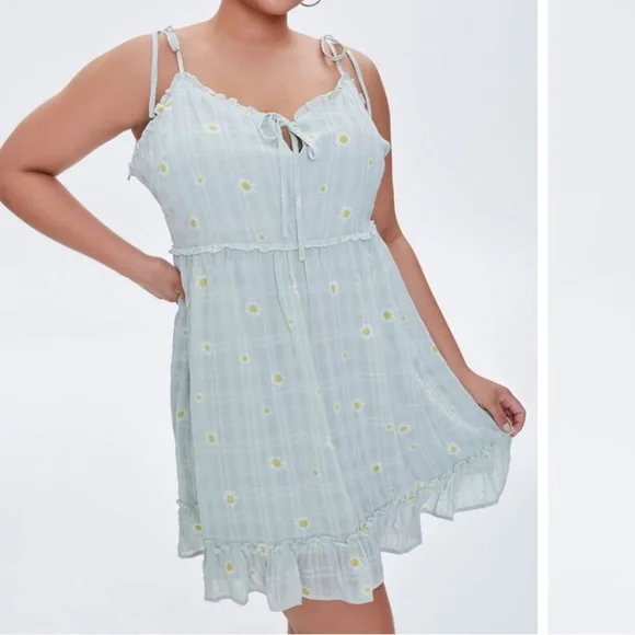 New Forever 21 Green Floral Tiered Daisy Sundress Mini V Neck Summer Cottagecore - Picture 2 of 10
